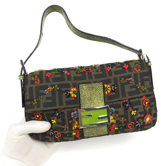 FENDI ZUCCA FLORAL BEADED BAGUETTE BAG WITH EXOTIC LIZARD DETAILING