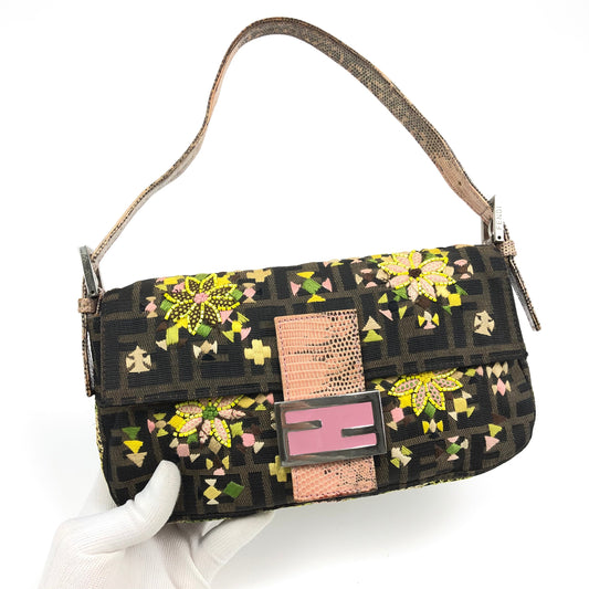 FENDI ZUCCA BEADED BAGUETTE BAG WITH EXOTIC LIZARD DETAILING