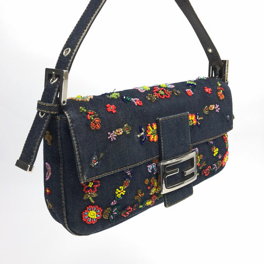 FENDI DENIM FLORAL BEADED BAGUETTE BAG