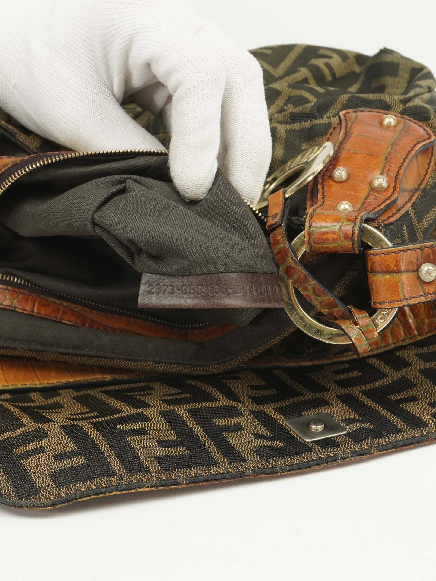 FENDI ZUCCA SHOULDER BAG WITH CROCODILE EMBOSSED TRIM