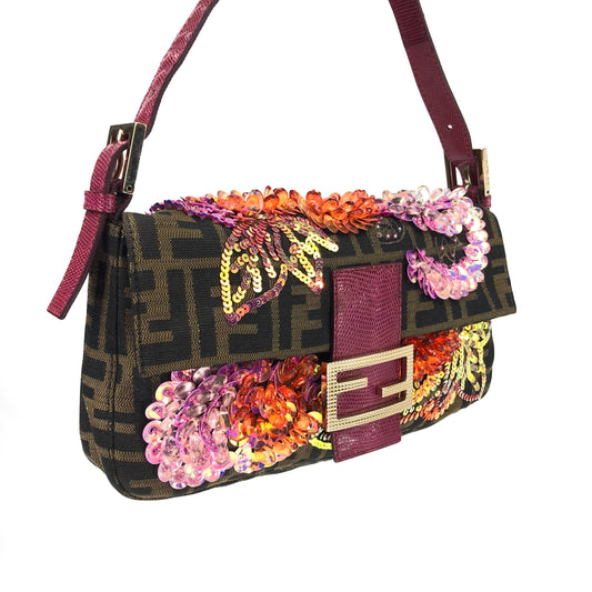 FENDI BEADED BAGUETTE BAG WITH EXOTIC LIZARD DETAILING
