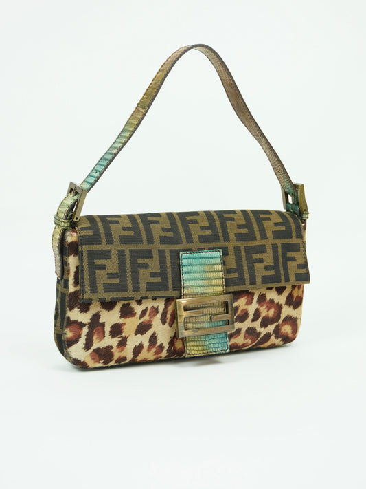FENDI LEOPARD CALF HAIR ZUCCA BAGUETTE WITH EXOTIC LIZARD DETAILING