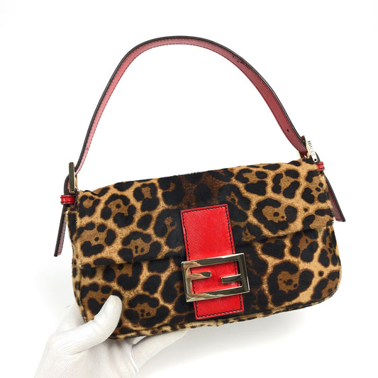 FENDI LEOPARD PONY HAIR BAGUETTE SHOULDER BAG