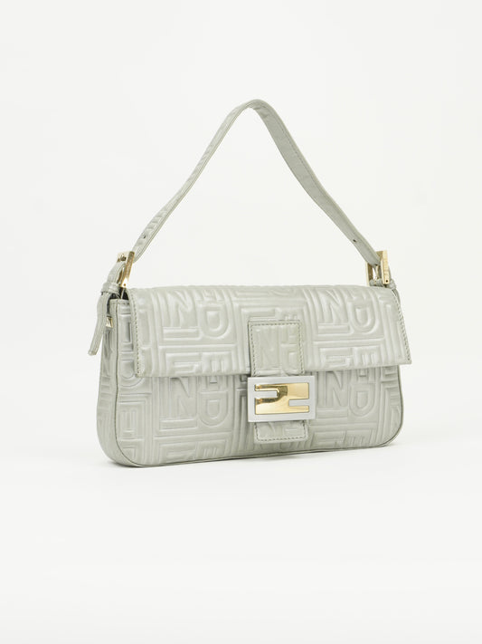 FENDI SILVER LEATHER LOGO BAGUETTE