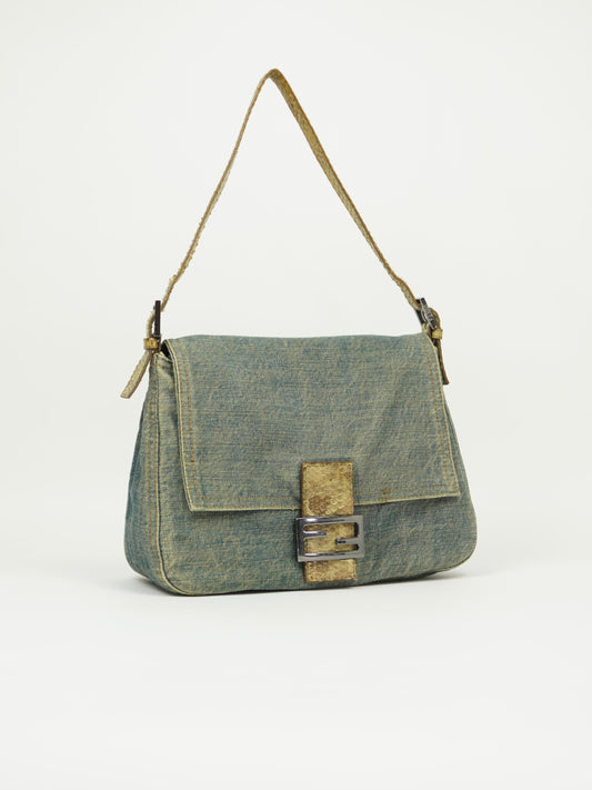 FENDI MAMA DENIM BAGUETTE WITH LIZARD TRIM