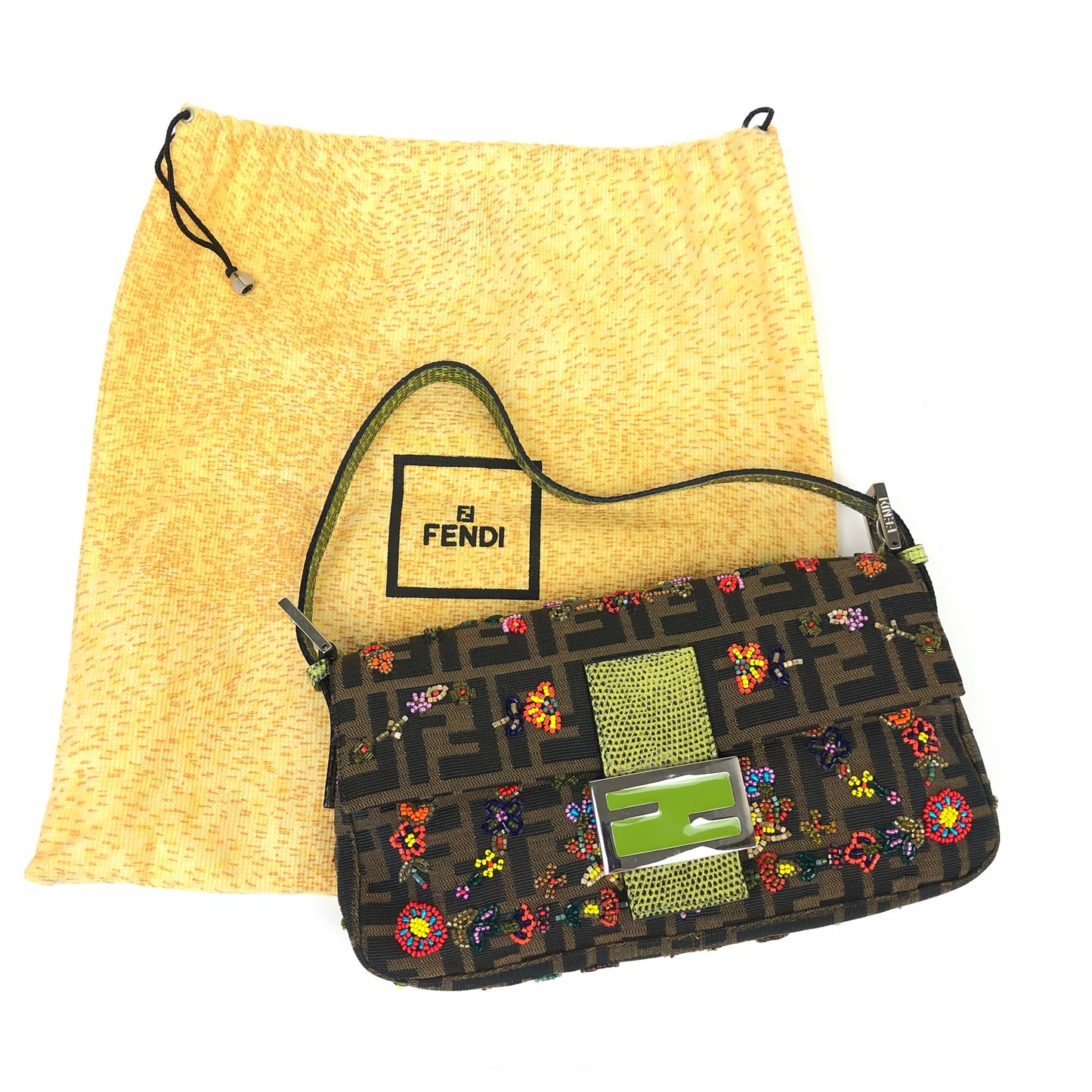 FENDI ZUCCA FLORAL BEADED BAGUETTE BAG WITH EXOTIC LIZARD DETAILING