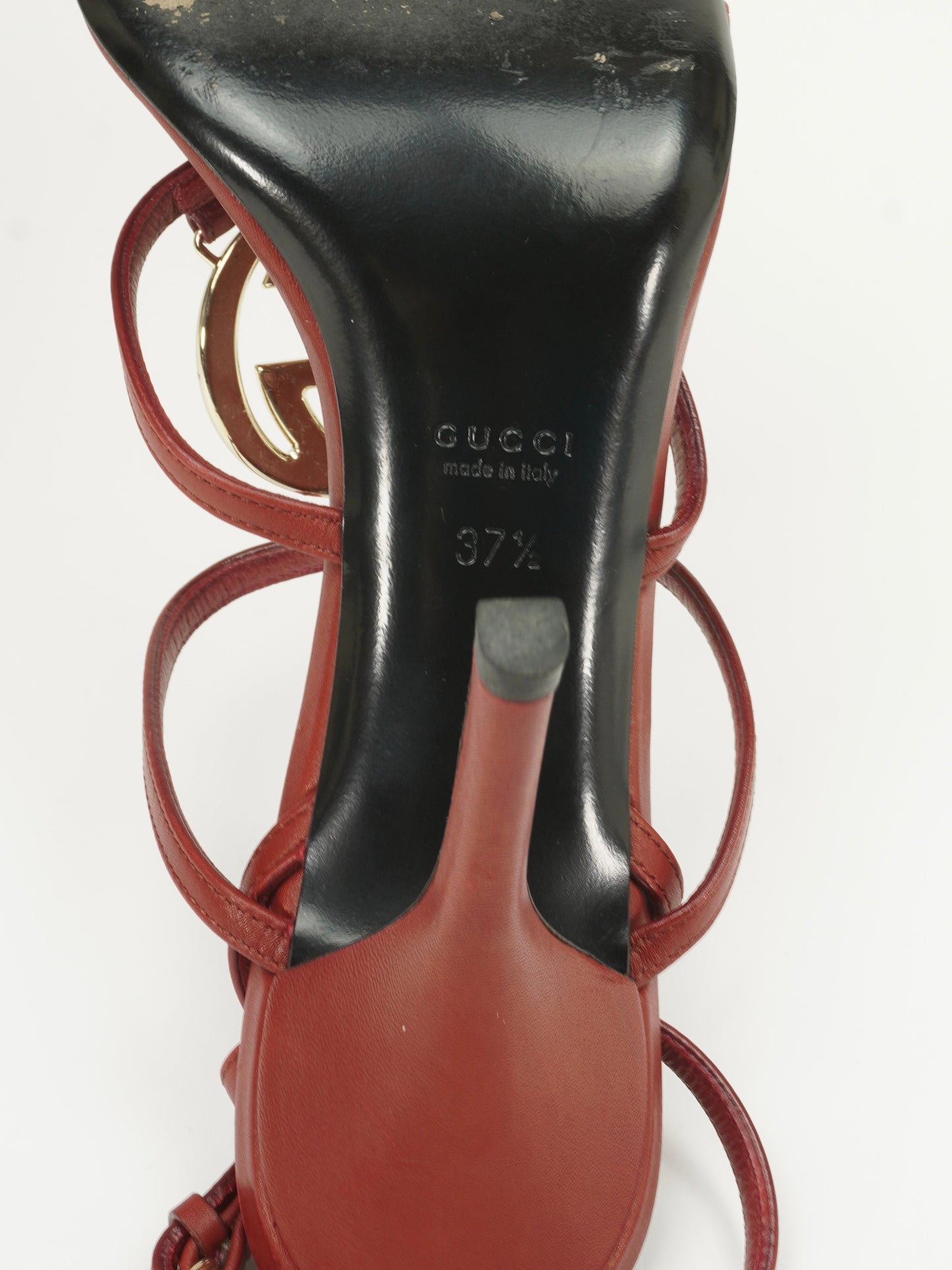 GUCCI RED LEATHER INTERLOCKING G STRAPPY HEELS