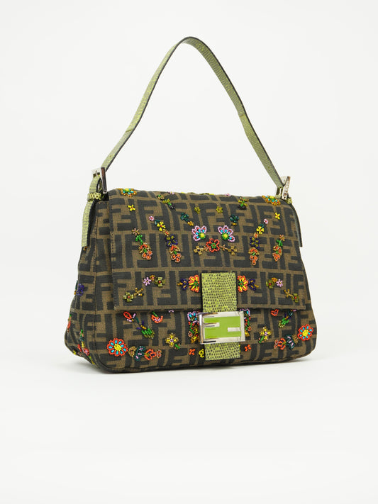 FENDI MAMA BEADED BAGUETTE WITH LIZARD TRIM