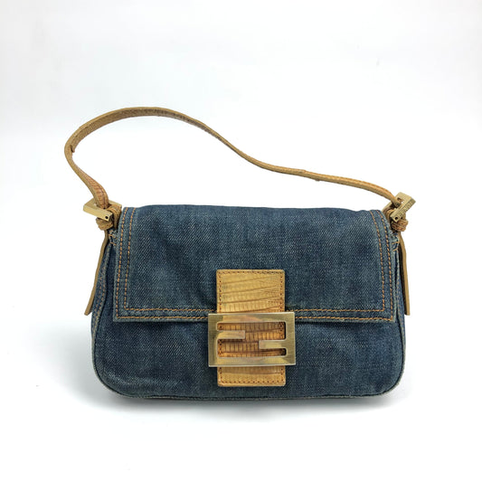 FENDI DENIM BAGUETTE BAG WITH EXOTIC LIZARD DETAILING
