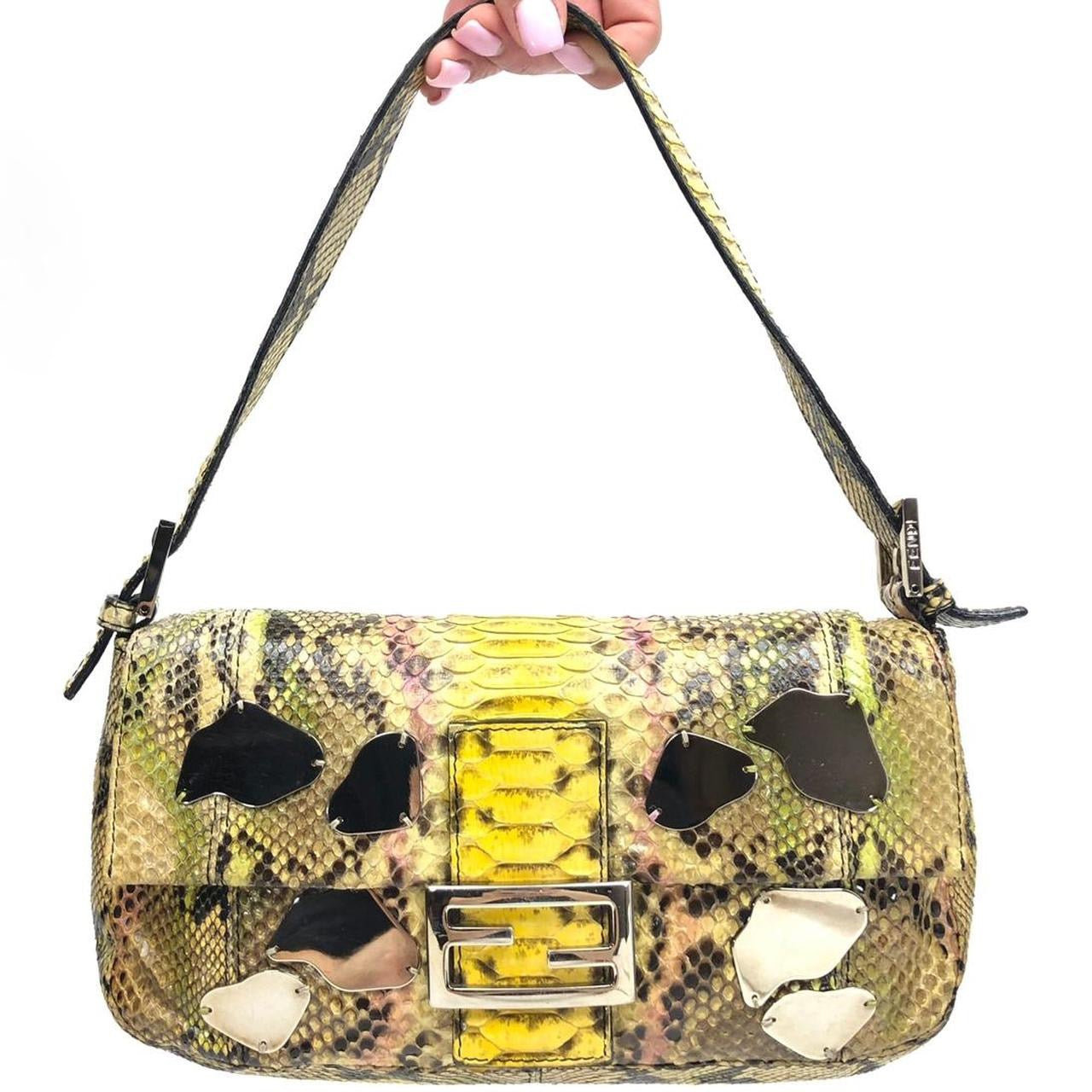 FENDI MULTI COLOUR PYTHON SNAKESKIN BAGUETTE SHOULDER BAG WITH METAL/MIRROR DETAILING