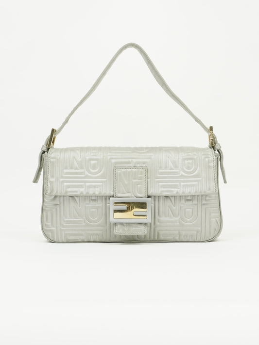 FENDI SILVER LEATHER LOGO BAGUETTE