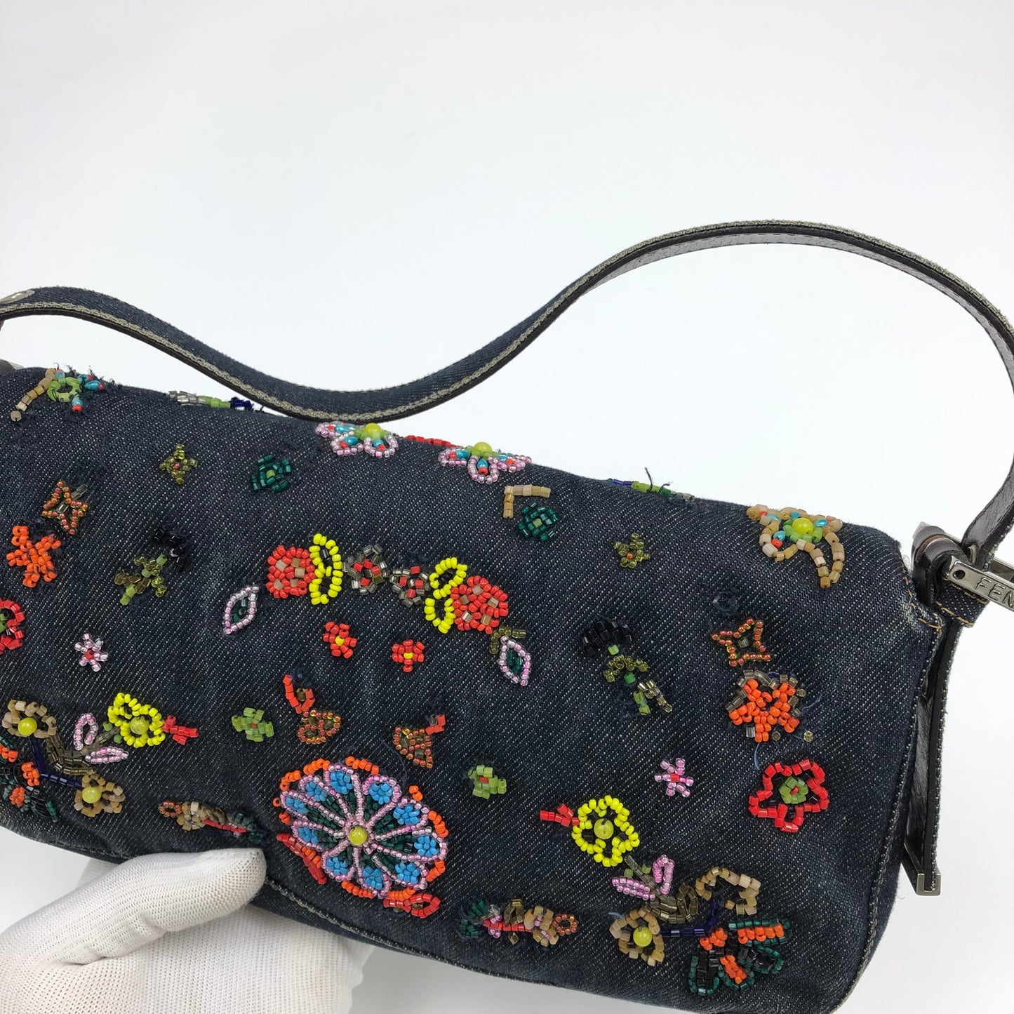 FENDI DENIM FLORAL BEADED BAGUETTE BAG
