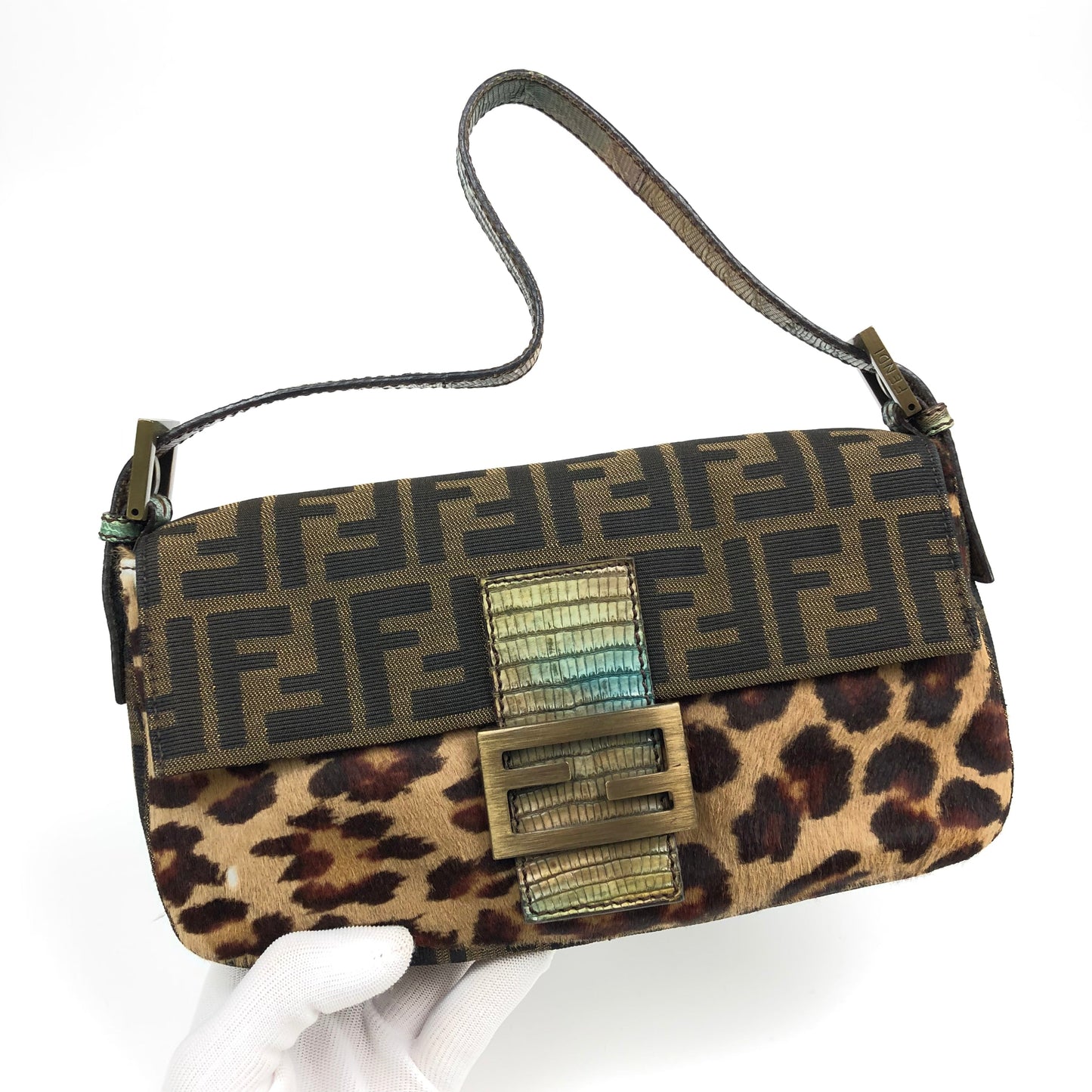 FENDI LEOPARD PONY HAIR ZUCCA BAGUETTE BAG