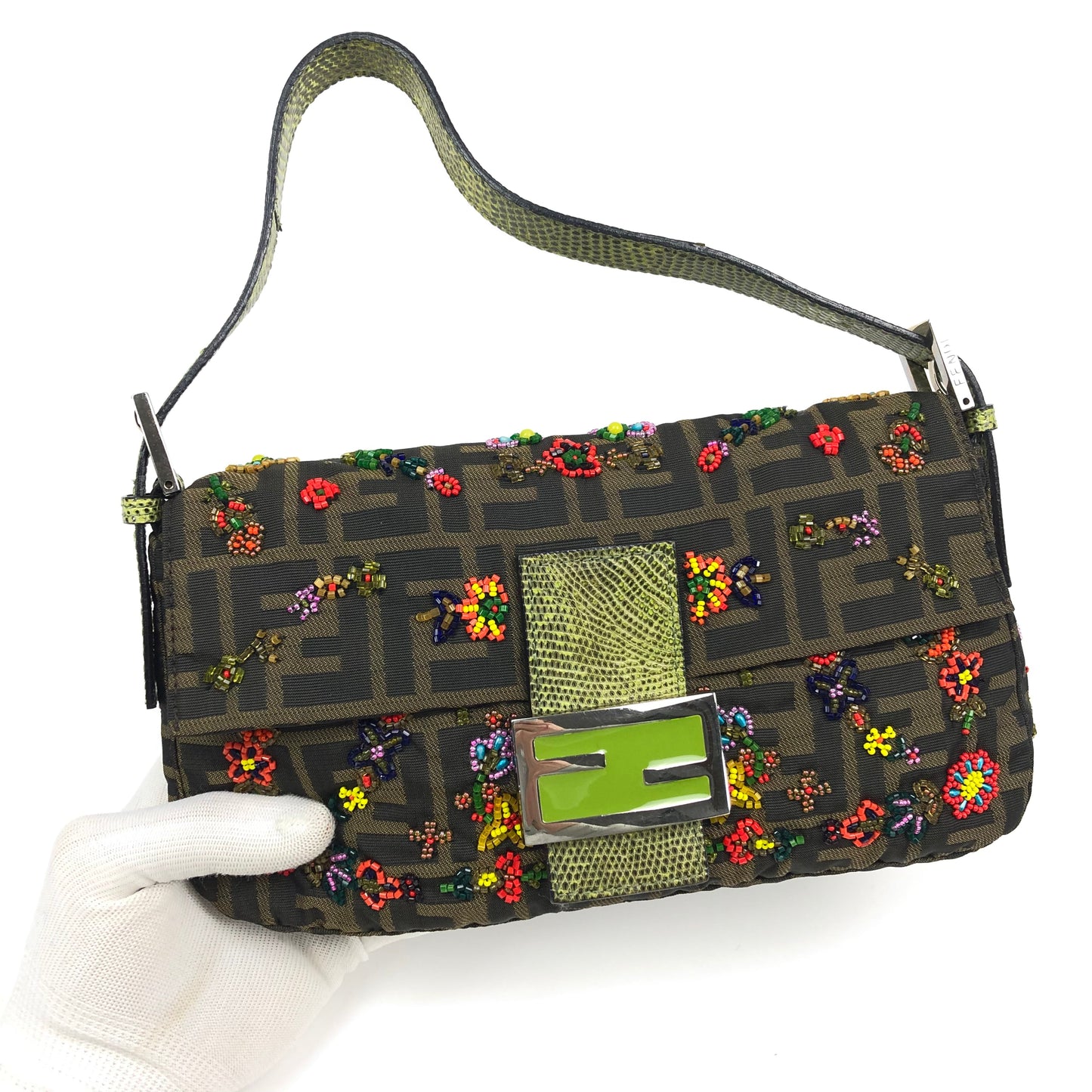 FENDI ZUCCA FLORAL BEADED BAGUETTE BAG WITH EXOTIC LIZARD DETAILING