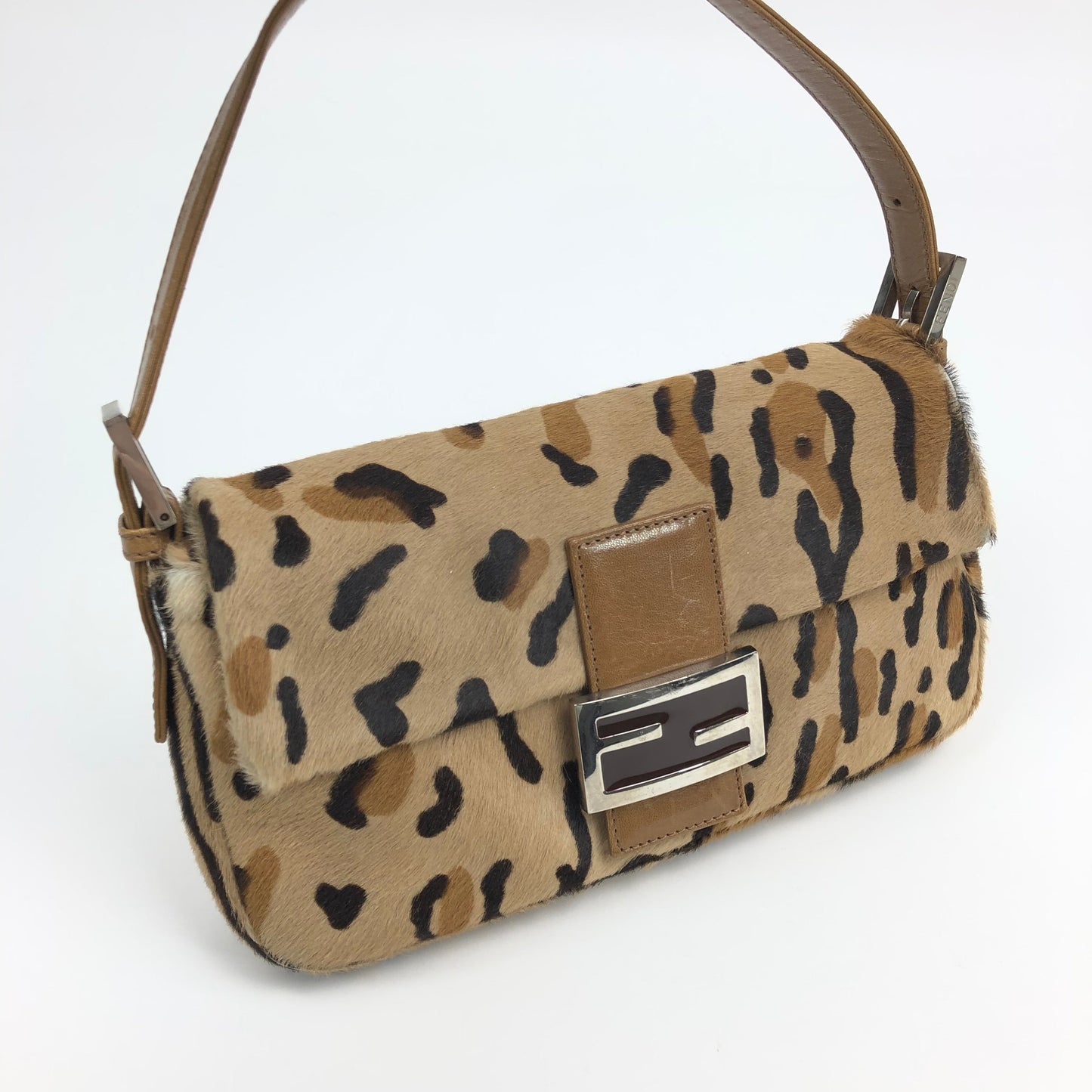 FENDI LEOPARD CALF HAIR BAGUETTE SHOULDER BAG