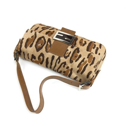 FENDI LEOPARD CALF HAIR BAGUETTE SHOULDER BAG