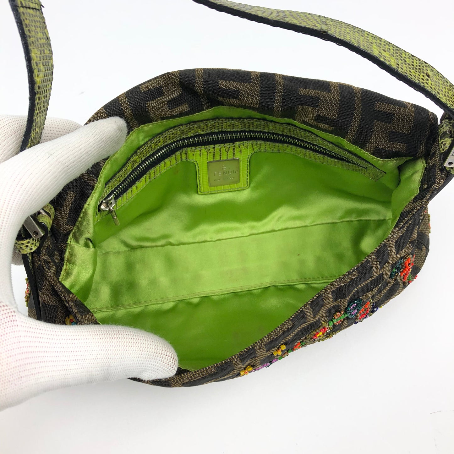 FENDI ZUCCA FLORAL BEADED BAGUETTE BAG WITH EXOTIC LIZARD DETAILING