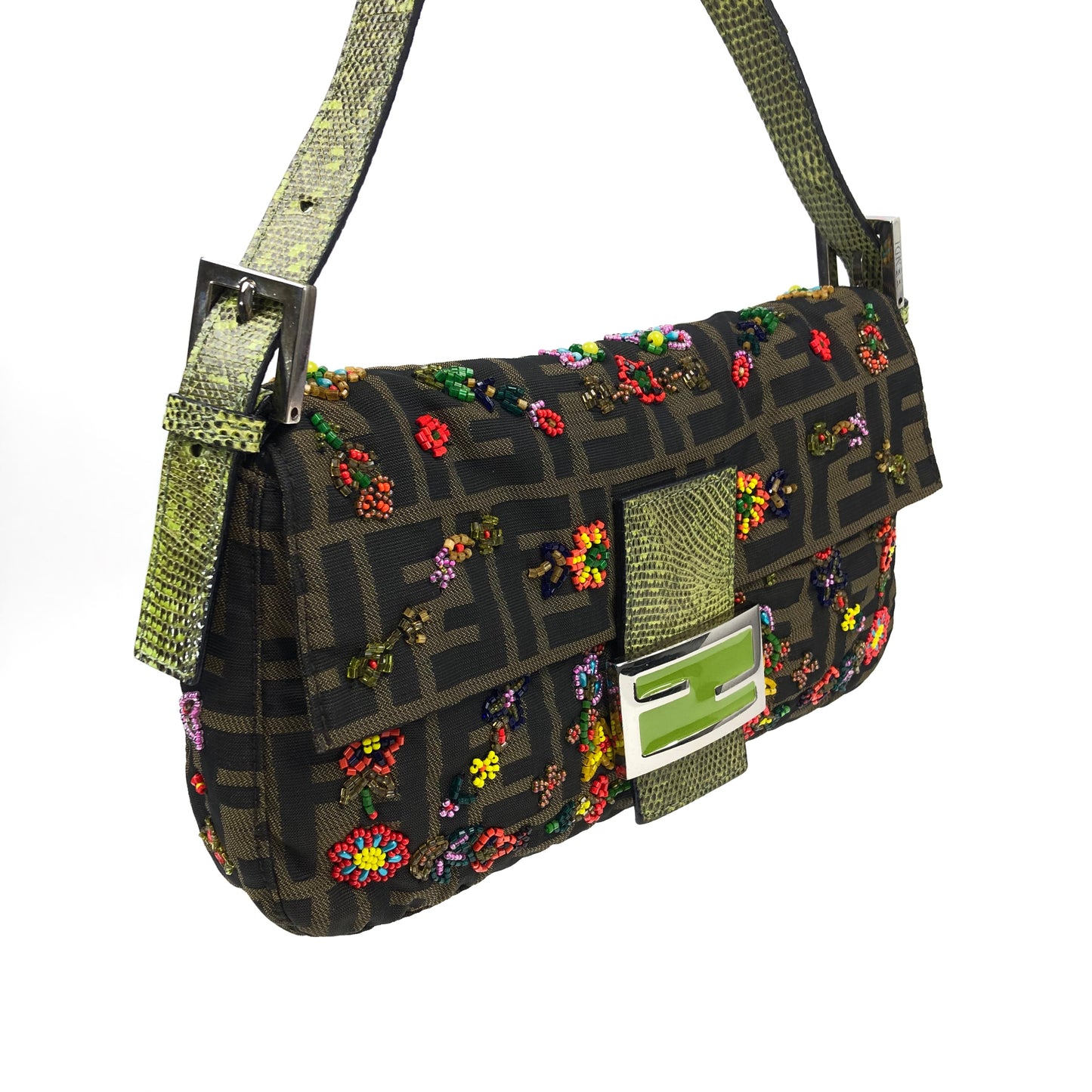 FENDI ZUCCA FLORAL BEADED BAGUETTE BAG WITH EXOTIC LIZARD DETAILING