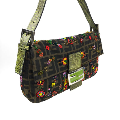 FENDI ZUCCA FLORAL BEADED BAGUETTE BAG WITH EXOTIC LIZARD DETAILING