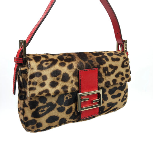 FENDI LEOPARD PONY HAIR BAGUETTE SHOULDER BAG