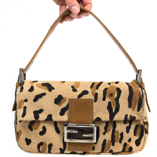 FENDI LEOPARD CALF HAIR BAGUETTE SHOULDER BAG