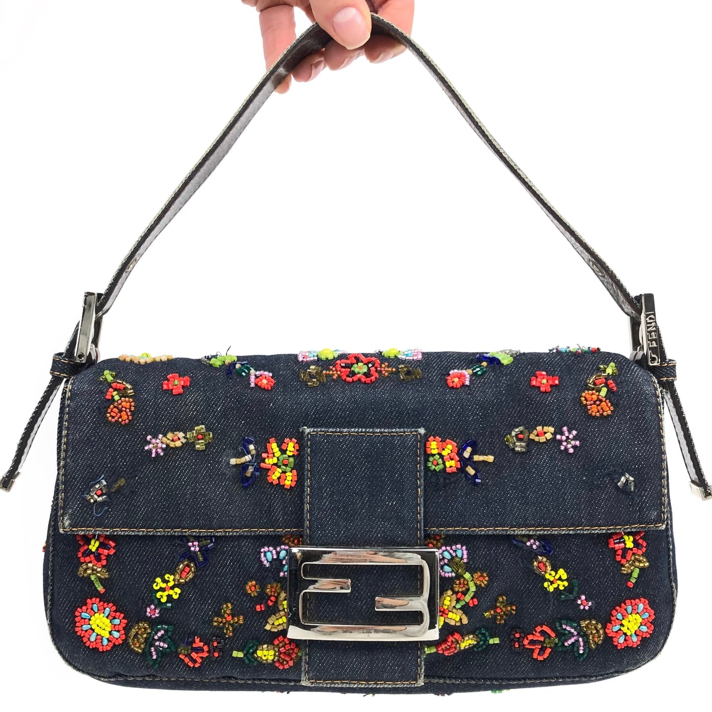 FENDI DENIM FLORAL BEADED BAGUETTE BAG