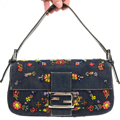 FENDI DENIM FLORAL BEADED BAGUETTE BAG