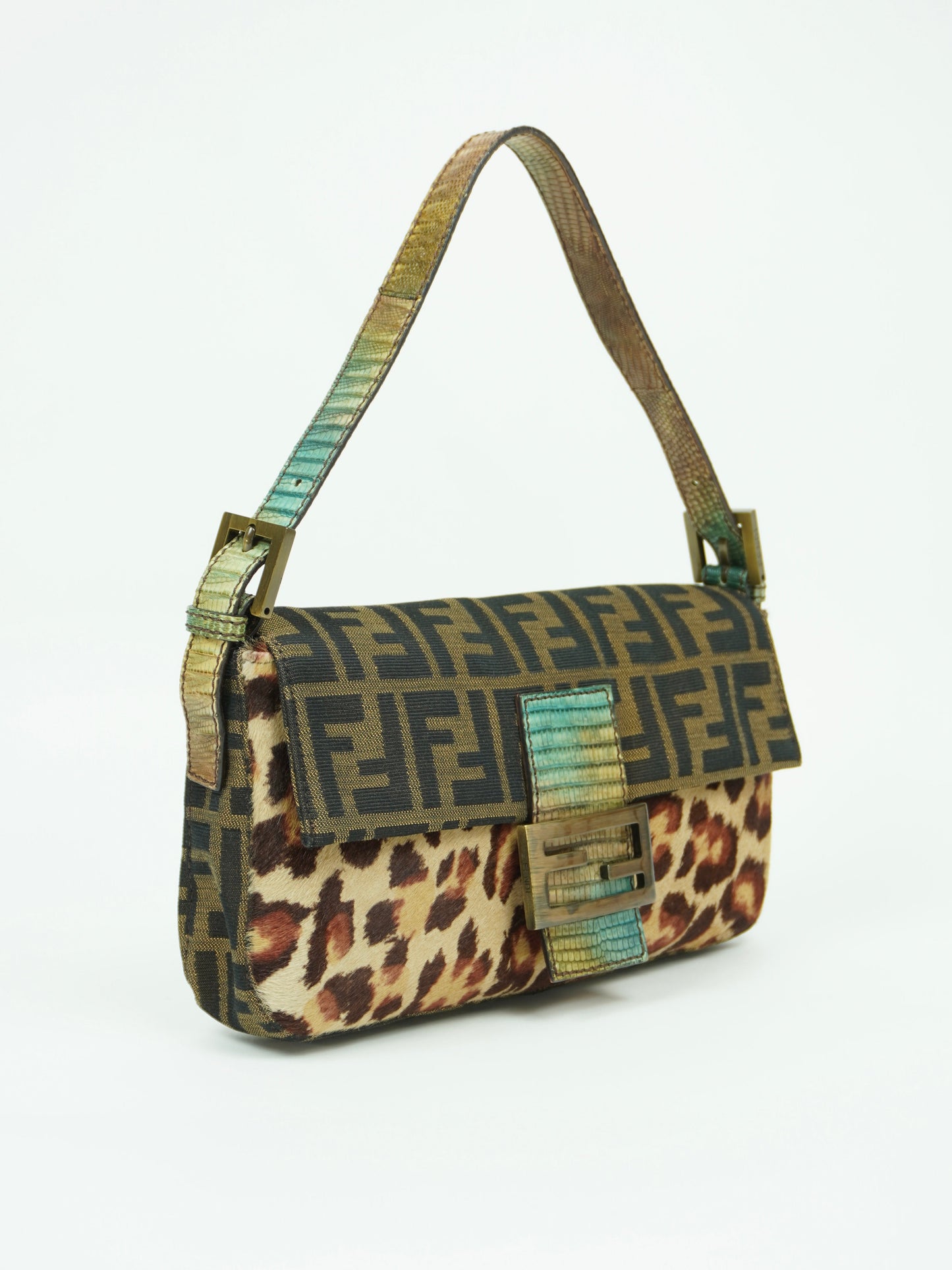 FENDI LEOPARD CALF HAIR ZUCCA BAGUETTE WITH EXOTIC LIZARD DETAILING