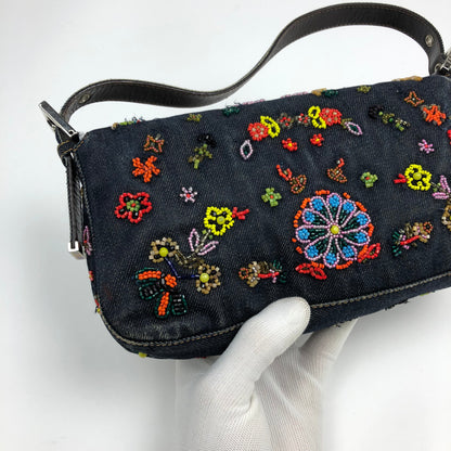 FENDI DENIM FLORAL BEADED BAGUETTE BAG