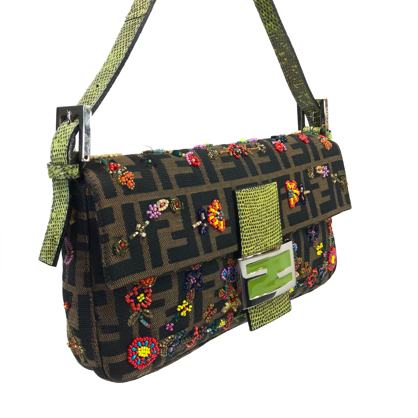 FENDI ZUCCA FLORAL BEADED BAGUETTE BAG WITH EXOTIC LIZARD DETAILING