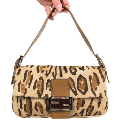 FENDI LEOPARD CALF HAIR BAGUETTE SHOULDER BAG