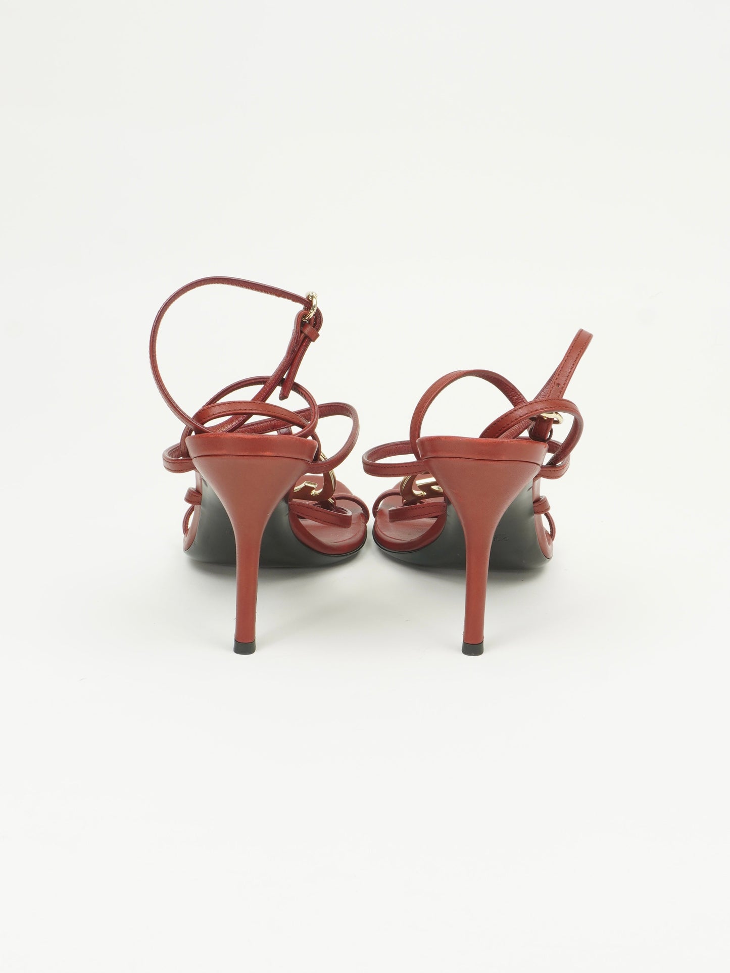 GUCCI RED LEATHER INTERLOCKING G STRAPPY HEELS