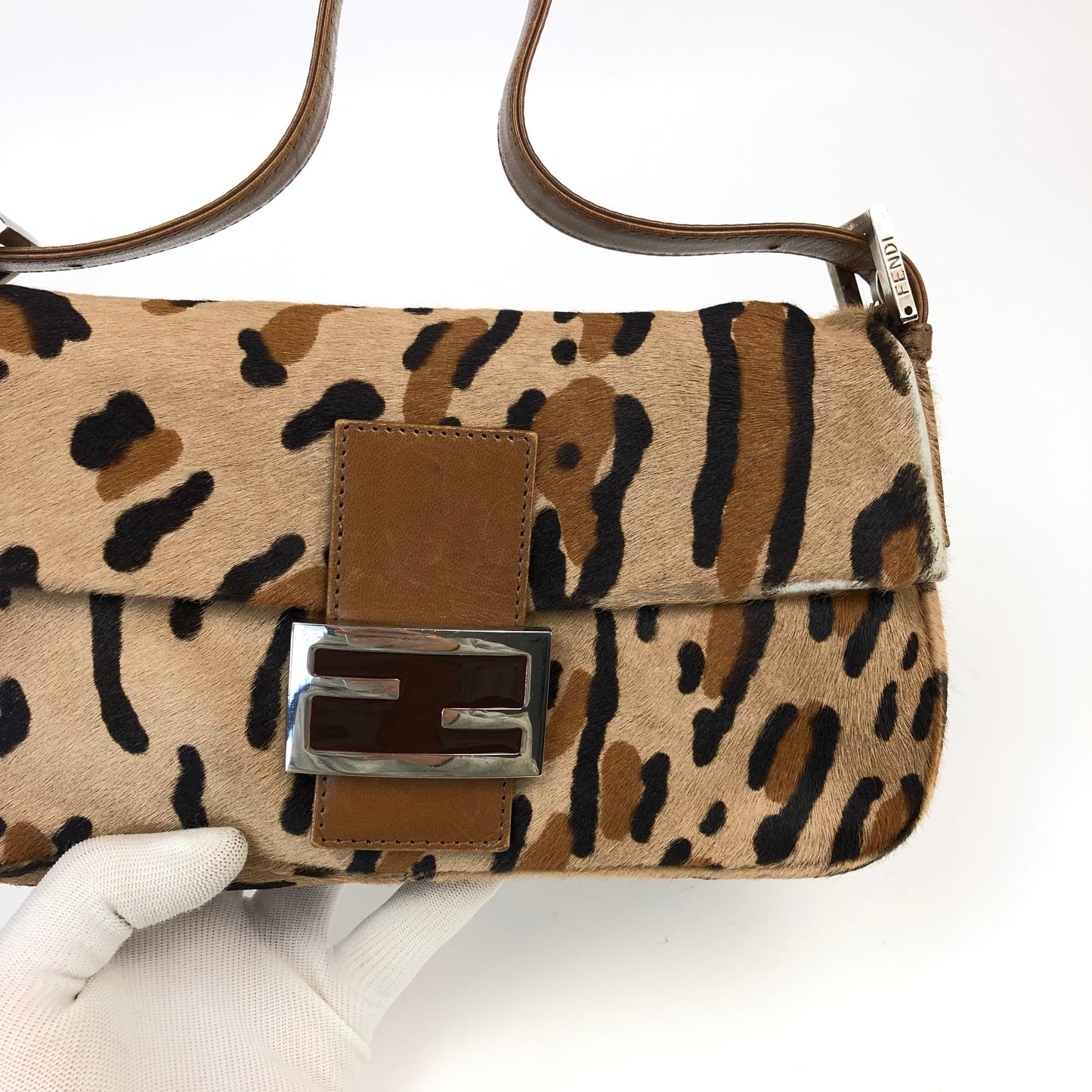 FENDI LEOPARD CALF HAIR BAGUETTE SHOULDER BAG