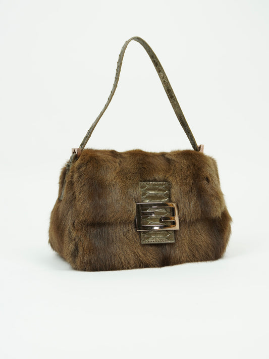FENDI FUR BAGUETTE WITH SNAKESKIN TRIM
