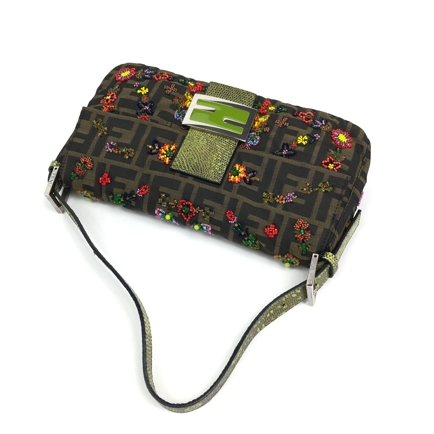 FENDI ZUCCA FLORAL BEADED BAGUETTE BAG WITH EXOTIC LIZARD DETAILING