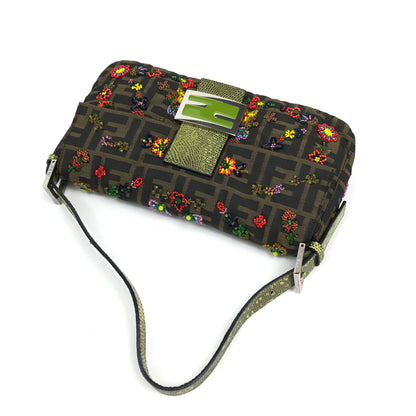 FENDI ZUCCA FLORAL BEADED BAGUETTE BAG WITH EXOTIC LIZARD DETAILING