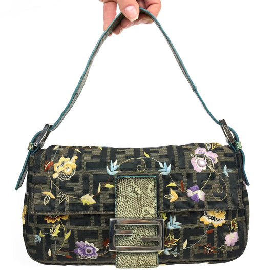 FENDI ZUCCA FLORAL EMBROIDERED BAGUETTE BAG WITH EXOTIC LIZARD DETAILING