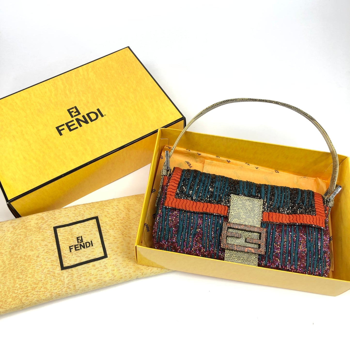 FENDI BEADED BAGUETTE BAG WITH EXOTIC LIZARD DETAILING