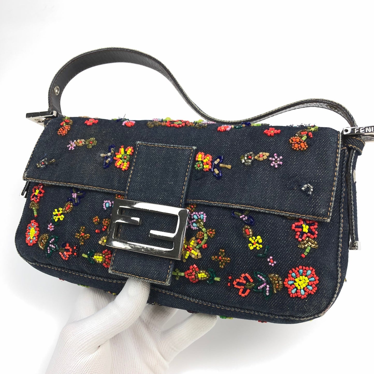 FENDI DENIM FLORAL BEADED BAGUETTE BAG