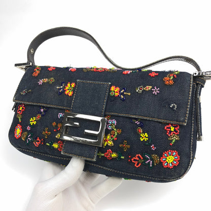 FENDI DENIM FLORAL BEADED BAGUETTE BAG