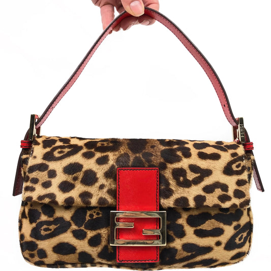 FENDI LEOPARD PONY HAIR BAGUETTE SHOULDER BAG