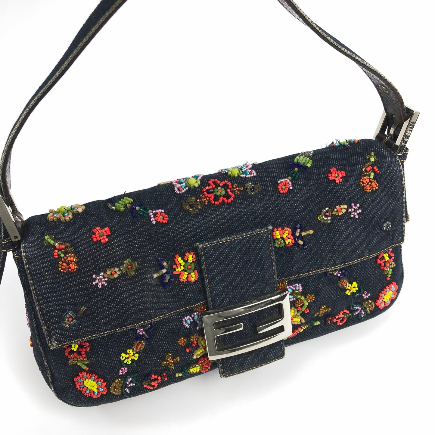 FENDI DENIM FLORAL BEADED BAGUETTE BAG