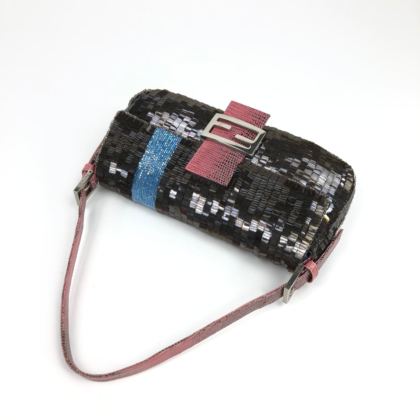 FENDI BEADED BAGUETTE BAG WITH EXOTIC LIZARD LEATHER DETAILING