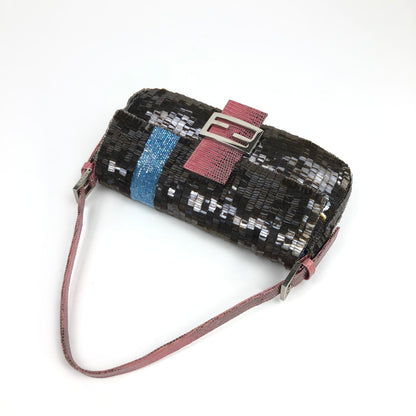 FENDI BEADED BAGUETTE BAG WITH EXOTIC LIZARD LEATHER DETAILING
