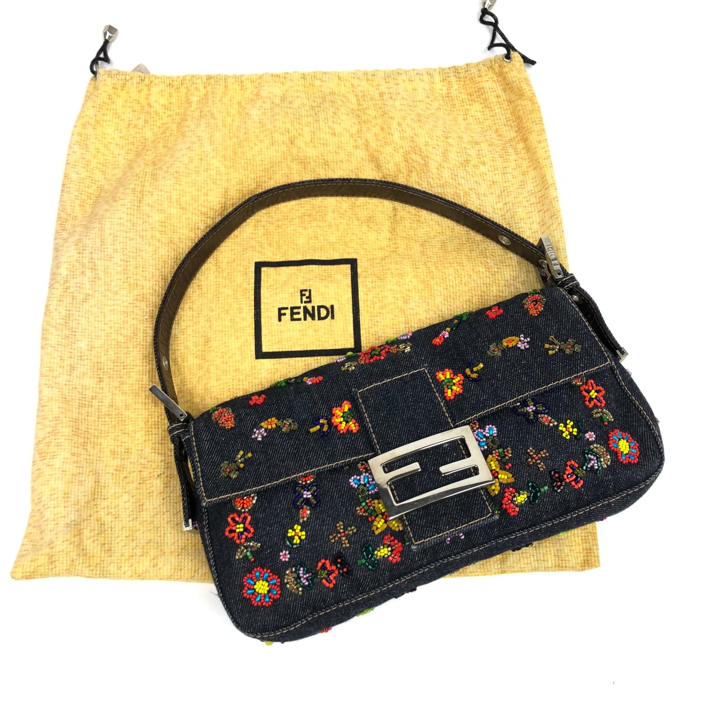 FENDI DENIM FLORAL BEADED BAGUETTE BAG