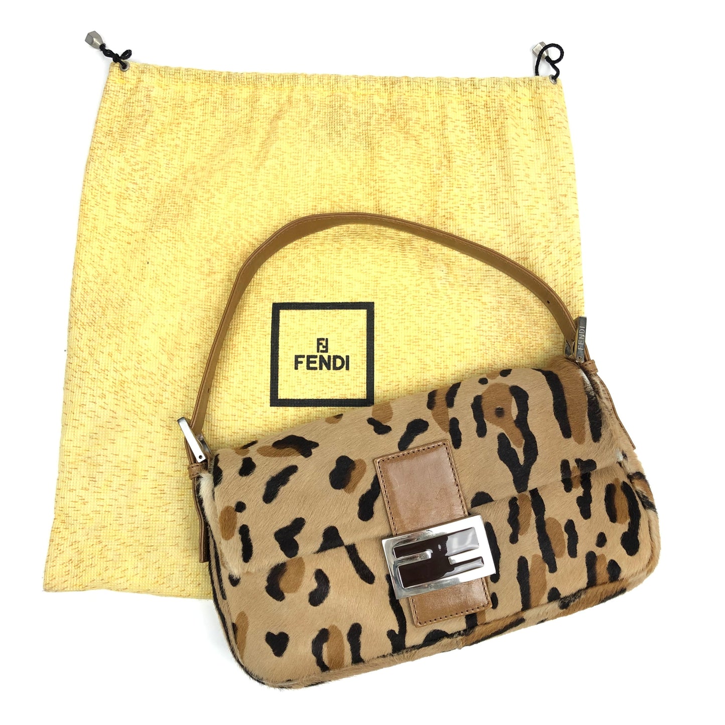 FENDI LEOPARD CALF HAIR BAGUETTE SHOULDER BAG