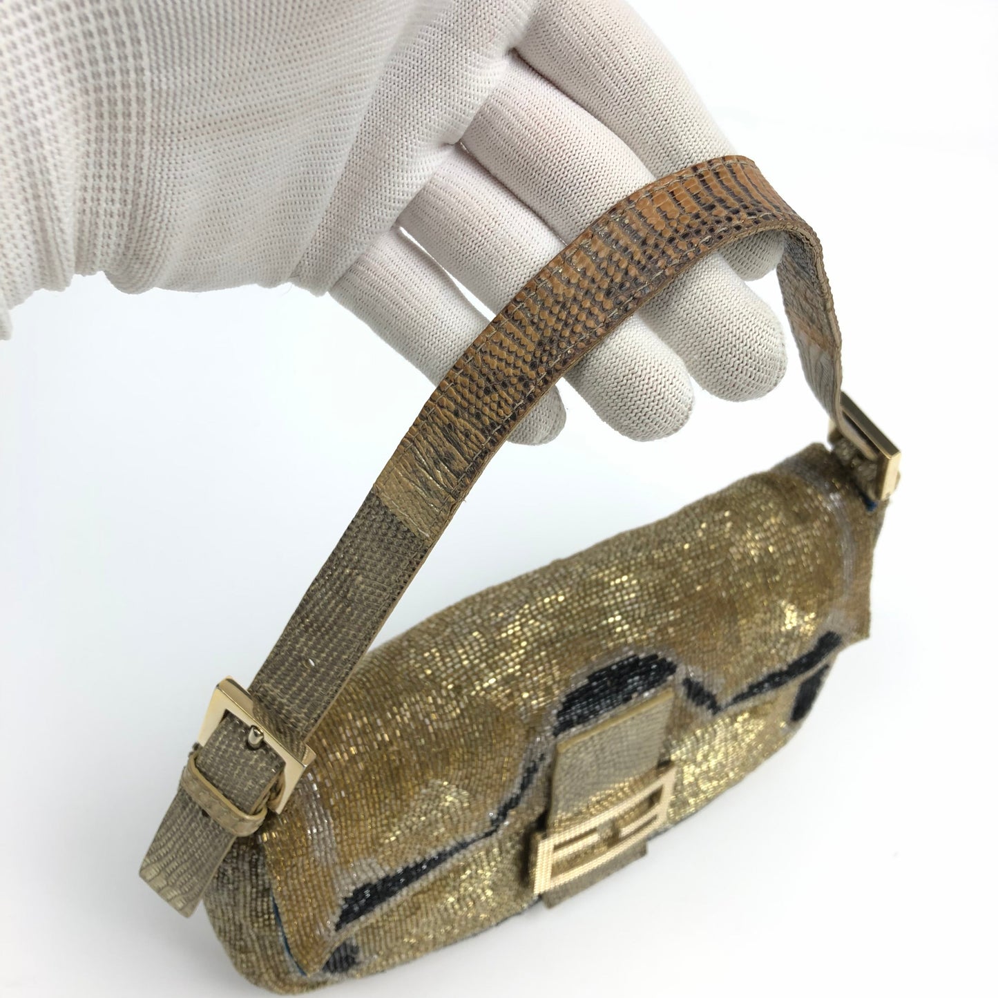 FENDI BEADED GOLD BAGUETTE BAG