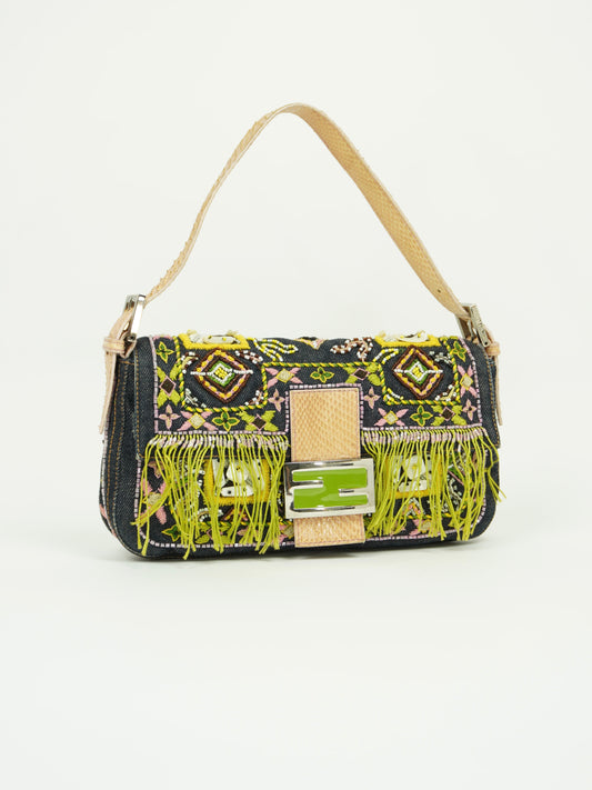 FENDI DENIM BEADED BAGUETTE WITH LIZARD TRIM
