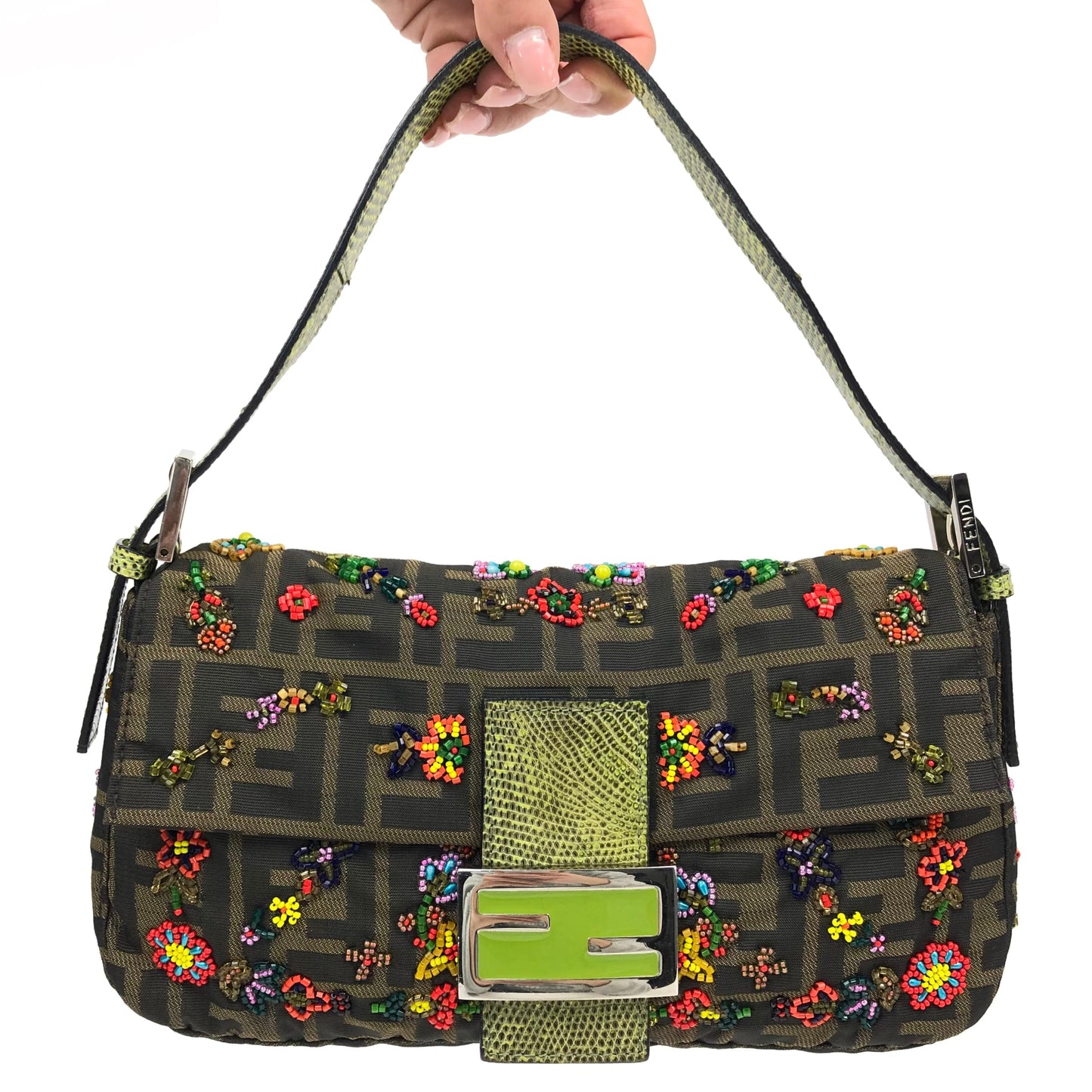 FENDI ZUCCA FLORAL BEADED BAGUETTE BAG WITH EXOTIC LIZARD DETAILING