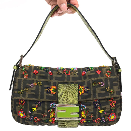 FENDI ZUCCA FLORAL BEADED BAGUETTE BAG WITH EXOTIC LIZARD DETAILING